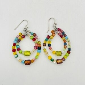 Double Boho Beaded Hoop Earrings Multicolor Gemstone Style Dangle Silver Hook